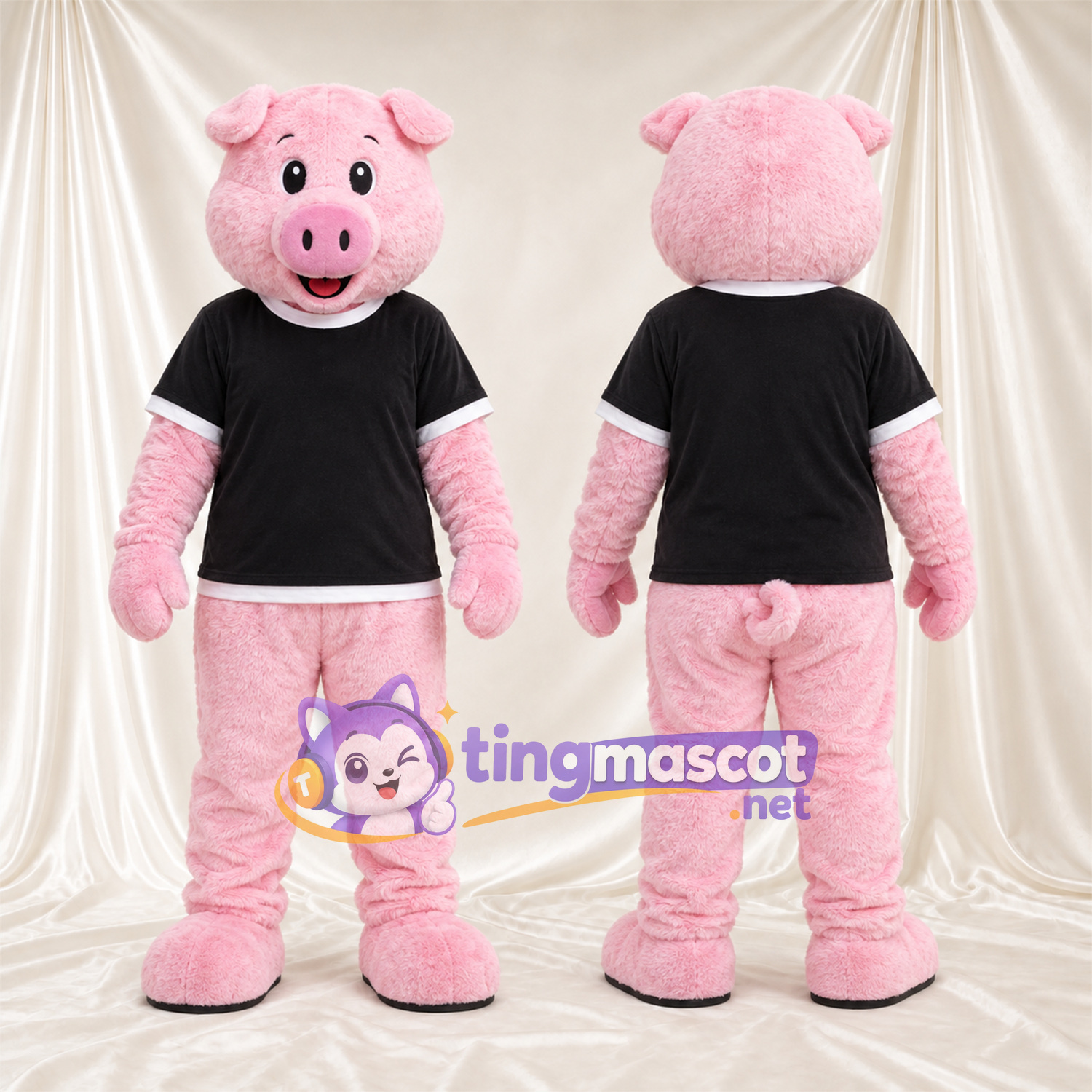 Costume de mascotte Cochon – rose – Chemise (noir) Costume de mascotte Cochon – rose – Chemise (noir)