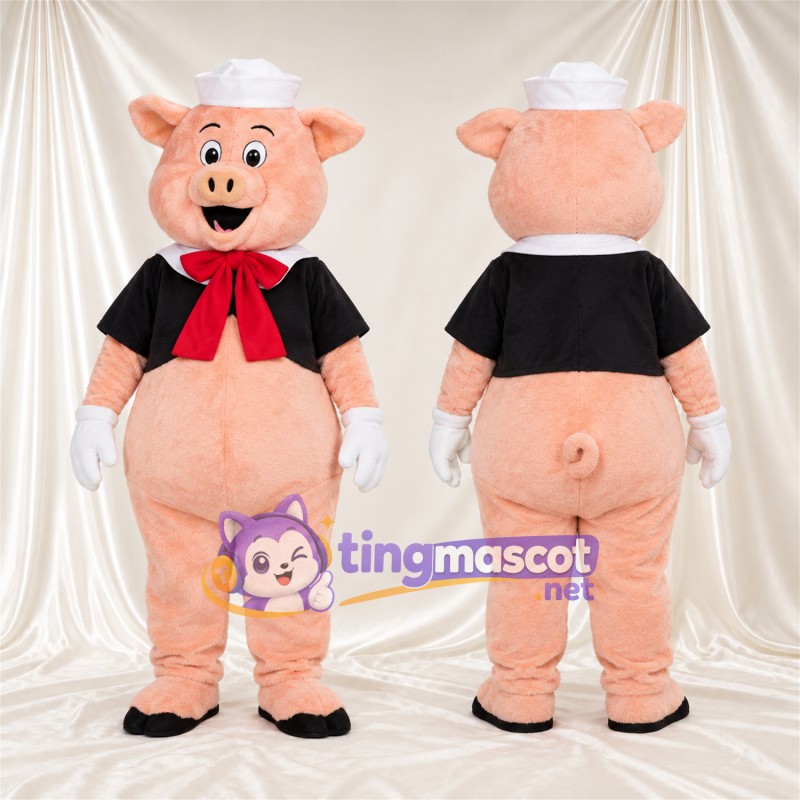 Maskottchenkostüm Schwein – pfirsichfarben – Matrosenmütze; Schal (rot)