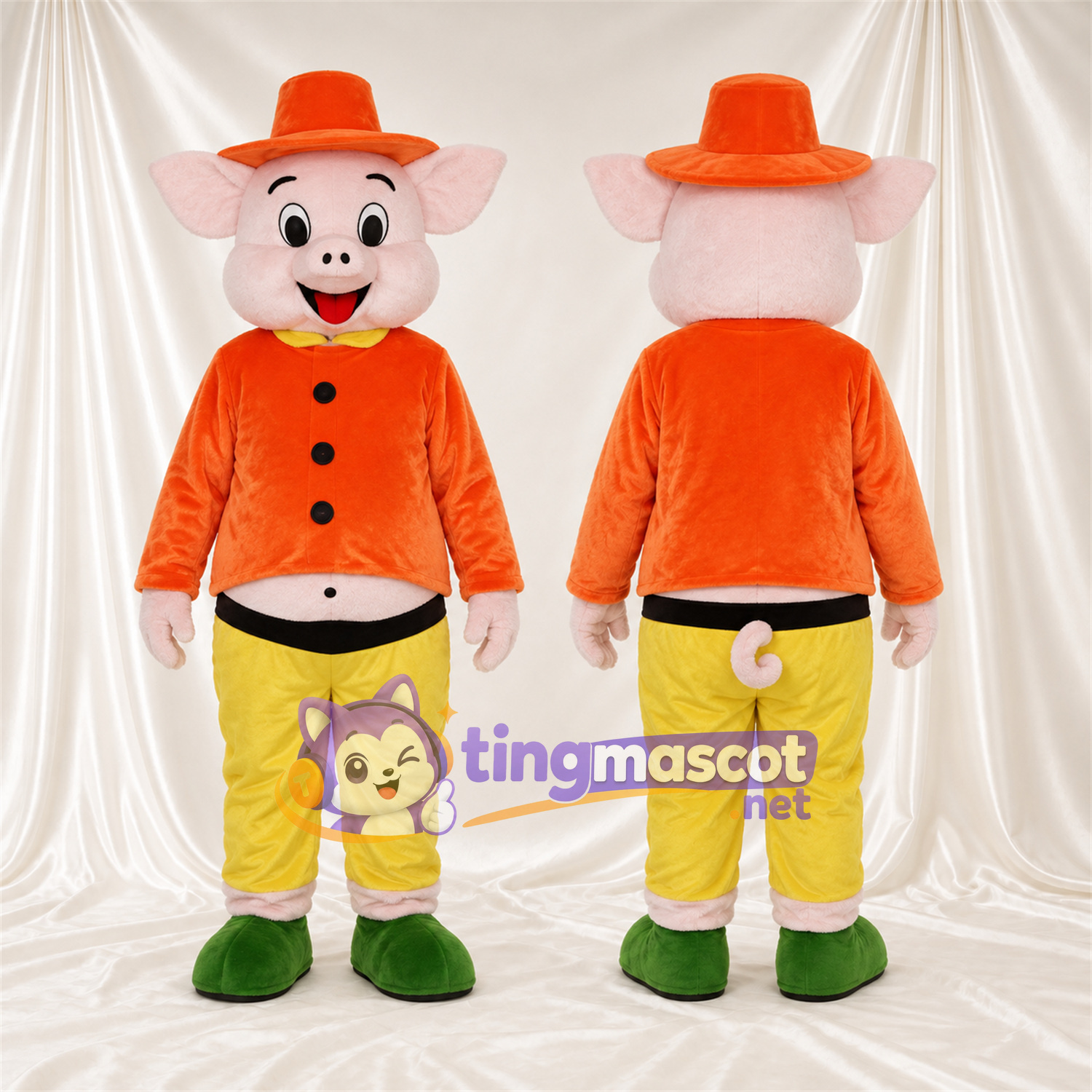 Costume de mascotte Cochon – blanc – Chapeau (orange); Veste Costume de mascotte Cochon – blanc – Chapeau (orange); Veste