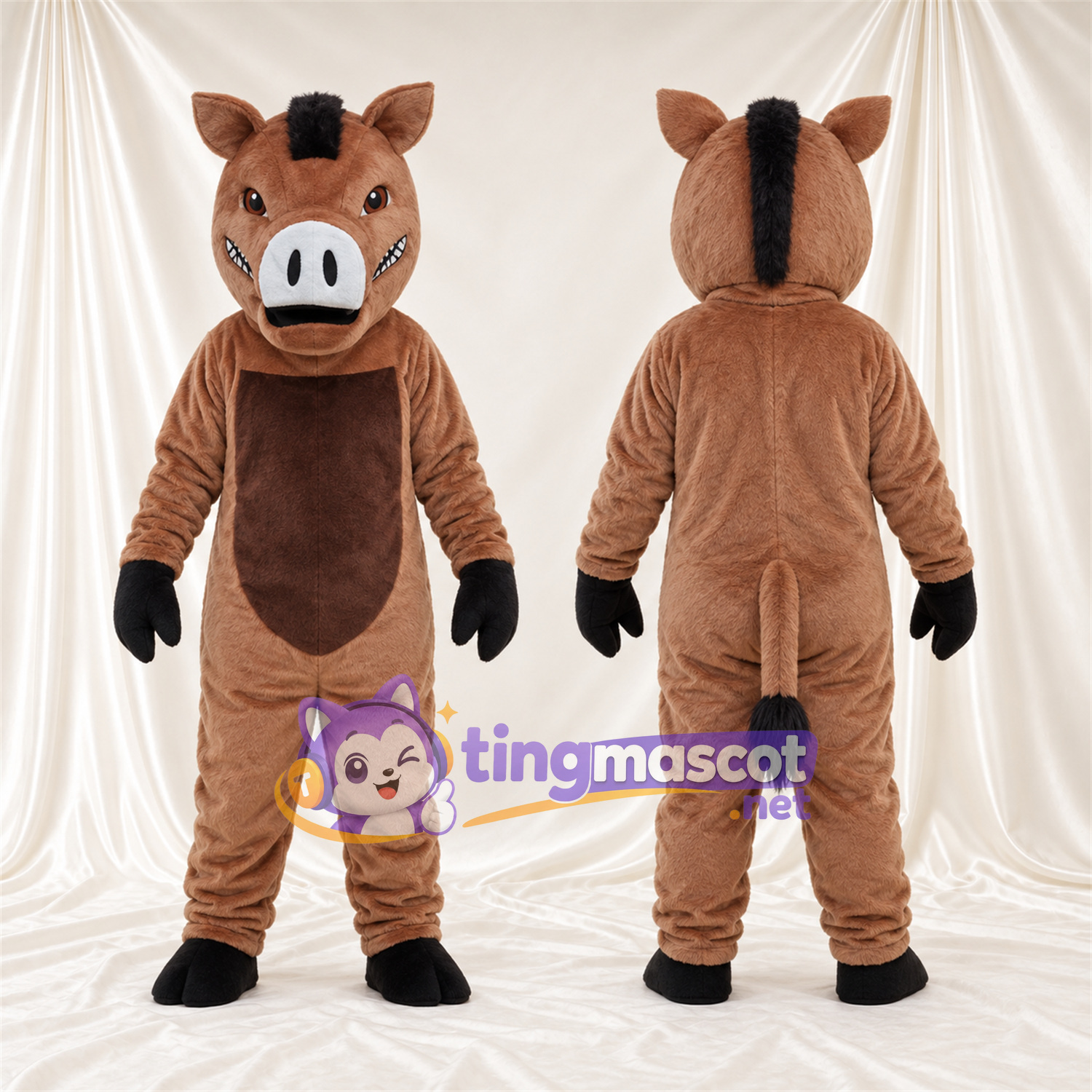 Maskottchenkostüm Wildschwein – braun – Bauch (braun); Mähne (schwarz) Maskottchenkostüm Wildschwein – braun – Bauch (braun); Mähne (schwarz)