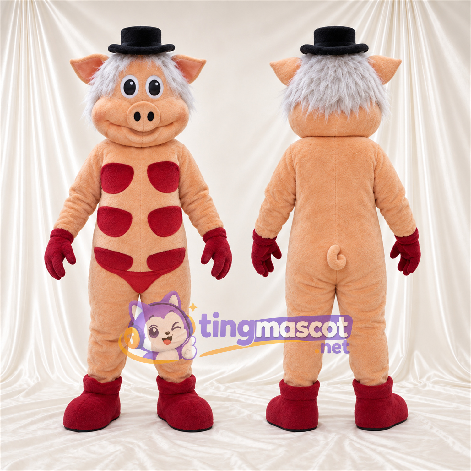 Costume de mascotte Cochon – pêche – Chapeau melon (noir); Taches (rouge) Costume de mascotte Cochon – pêche – Chapeau melon (noir); Taches (rouge)