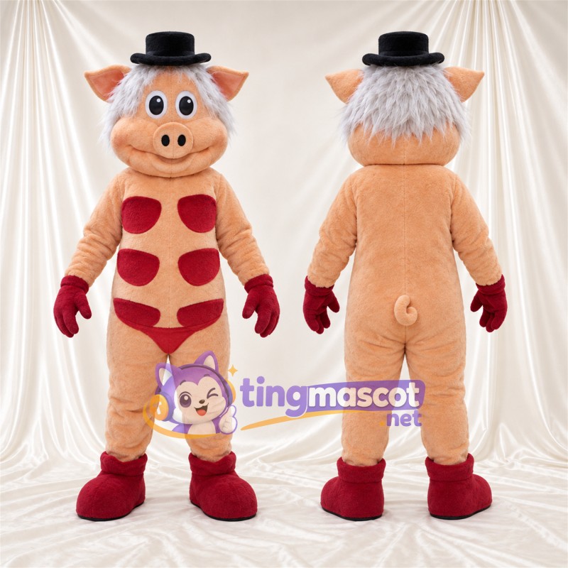 Costume de mascotte Cochon – pêche – Chapeau melon (noir); Taches (rouge)