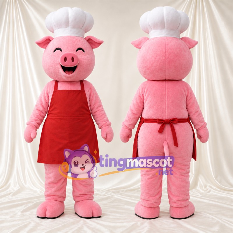 Costume de mascotte Cochon – rose – Toque de chef; Tablier (rouge)