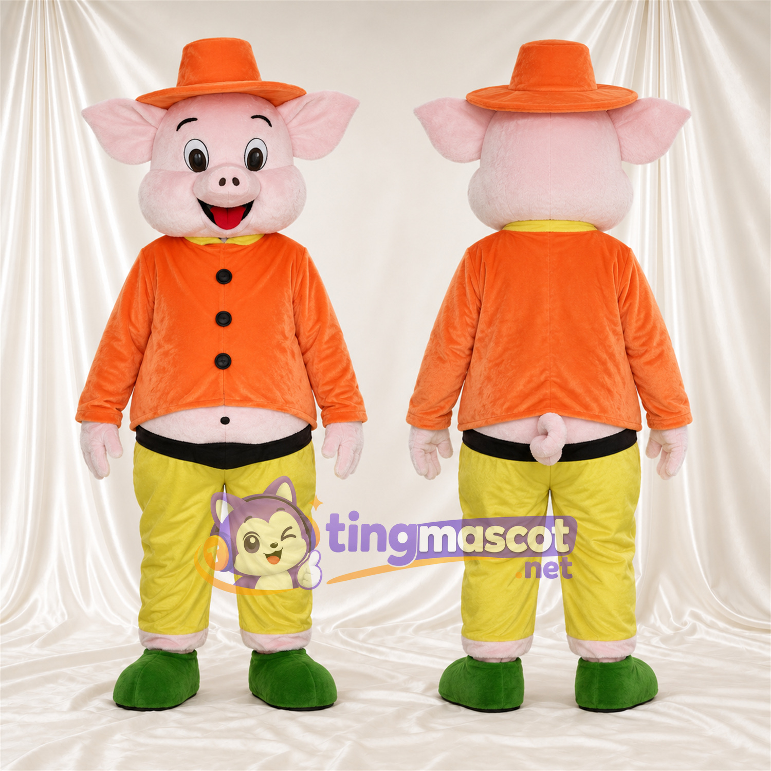 Costume de mascotte Cochon – blanc – Chapeau (orange); Veste Costume de mascotte Cochon – blanc – Chapeau (orange); Veste