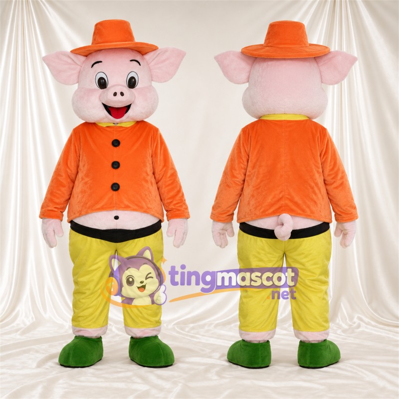 Costume de mascotte Cochon – blanc – Chapeau (orange); Veste