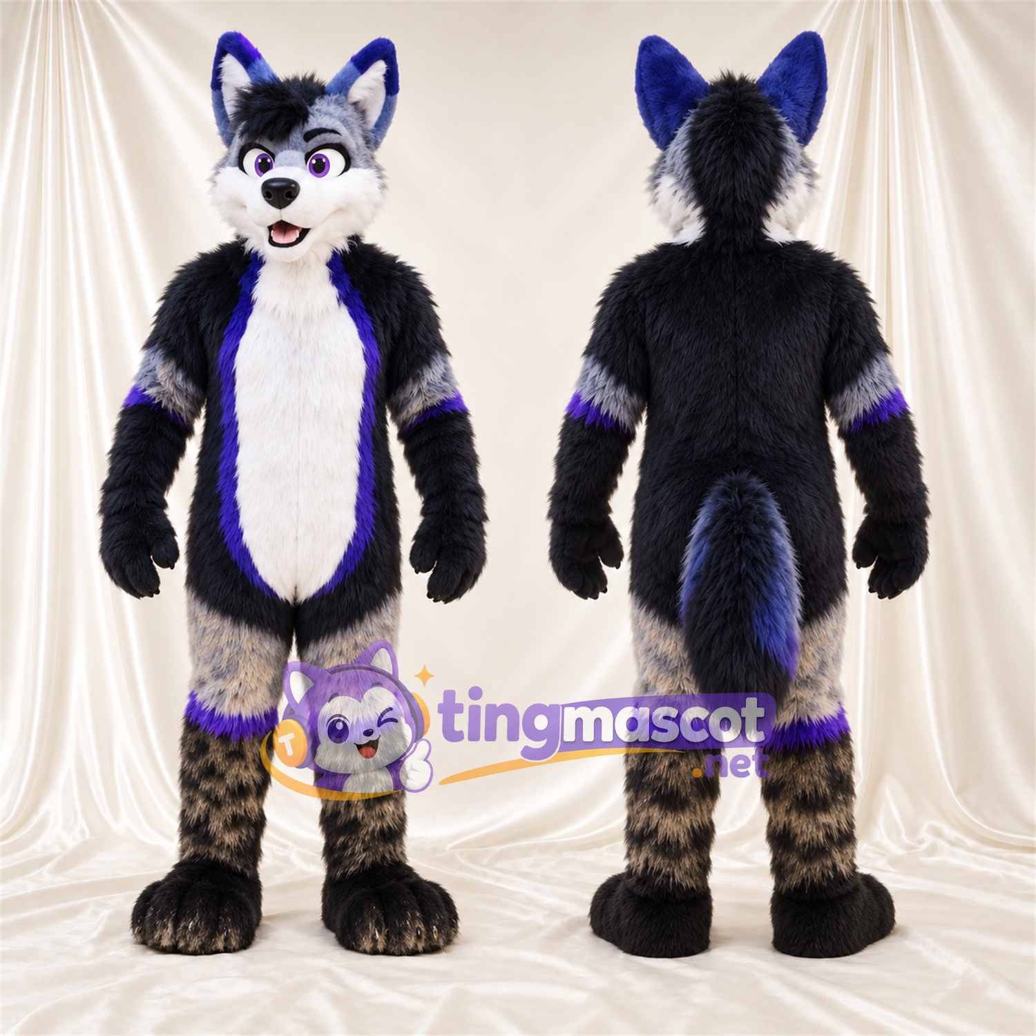 Black and White Wolf Mascot Costume - Purple Accents Black and White Wolf Mascot Costume - Purple Accents