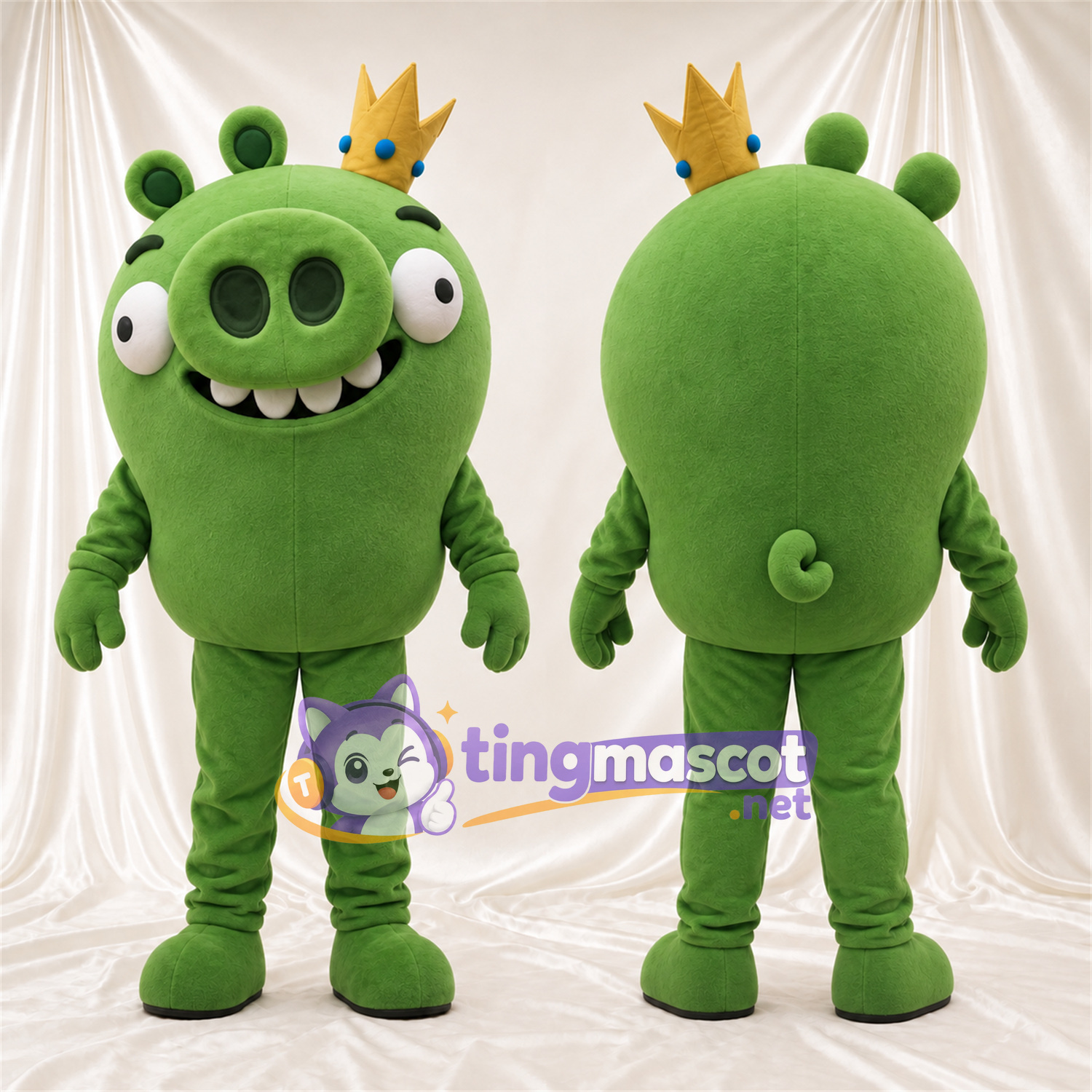 Costume de mascotte Cochon – vert – Couronne (doré) Costume de mascotte Cochon – vert – Couronne (doré)