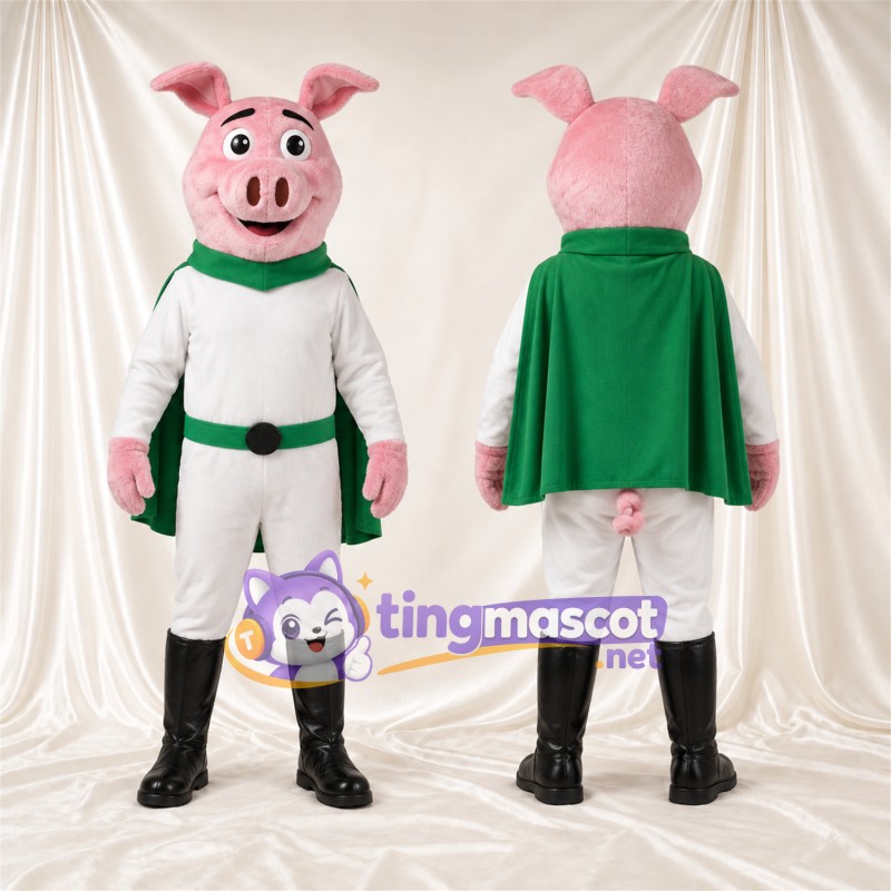 Costume de mascotte Cochon – rose – Cape (vert); Costume (blanc)