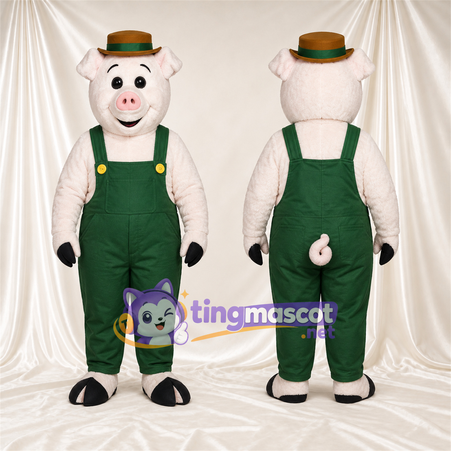Costume de mascotte Cochon – blanc – Salopette (vert); Chapeau Costume de mascotte Cochon – blanc – Salopette (vert); Chapeau