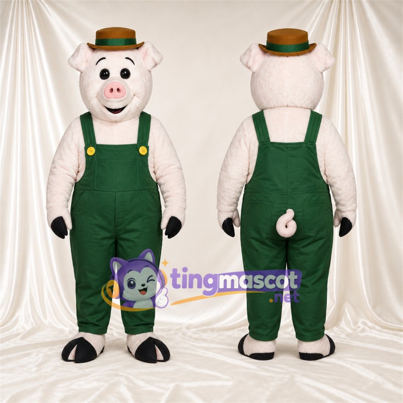 Costume de mascotte Cochon – blanc – Salopette (vert); Chapeau
