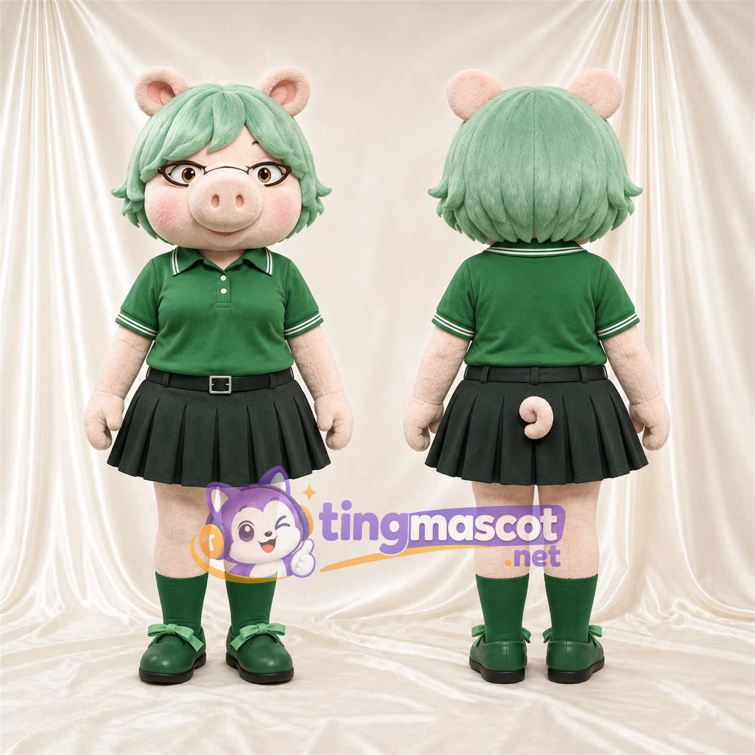 Maskottchenkostüm Schwein – hellrosa – Haare (grün); Rock Maskottchenkostüm Schwein – hellrosa – Haare (grün); Rock