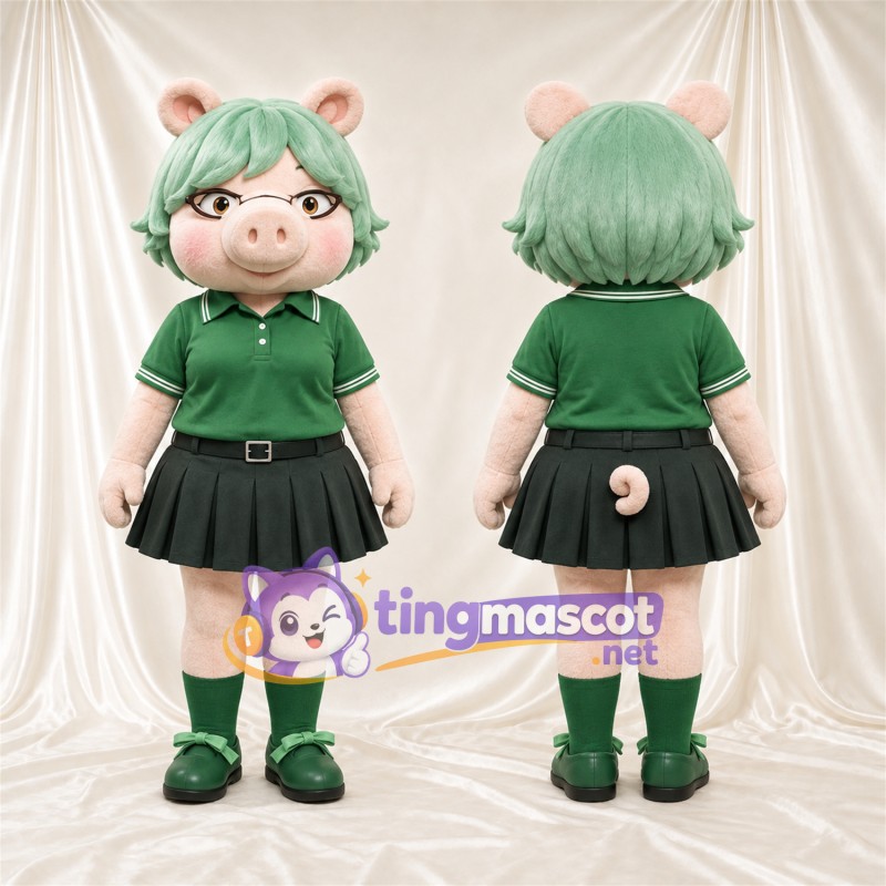 Costume de mascotte Cochon – rose clair – Cheveux (vert); Jupe