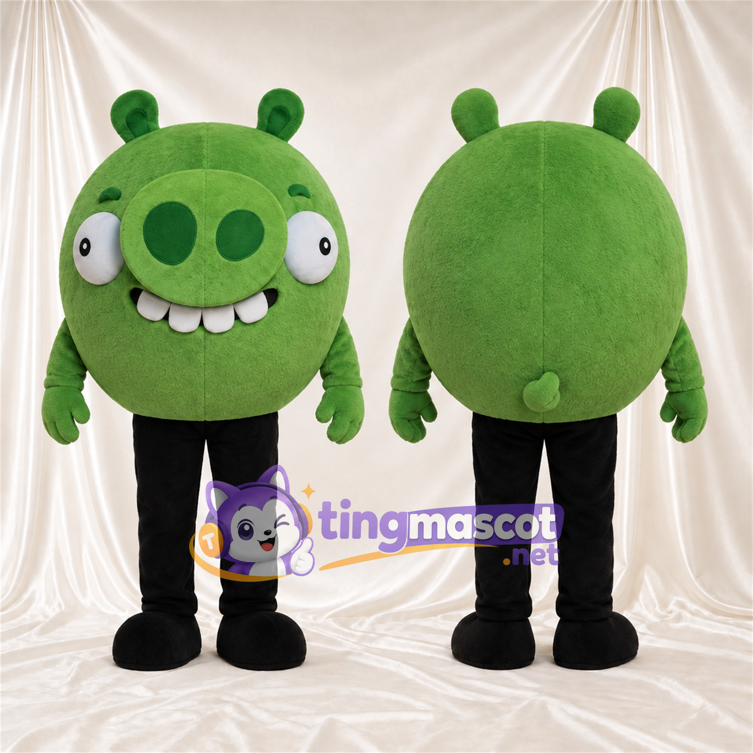 Costume de mascotte Cochon – vert – Jambes (noir); Tête Costume de mascotte Cochon – vert – Jambes (noir); Tête