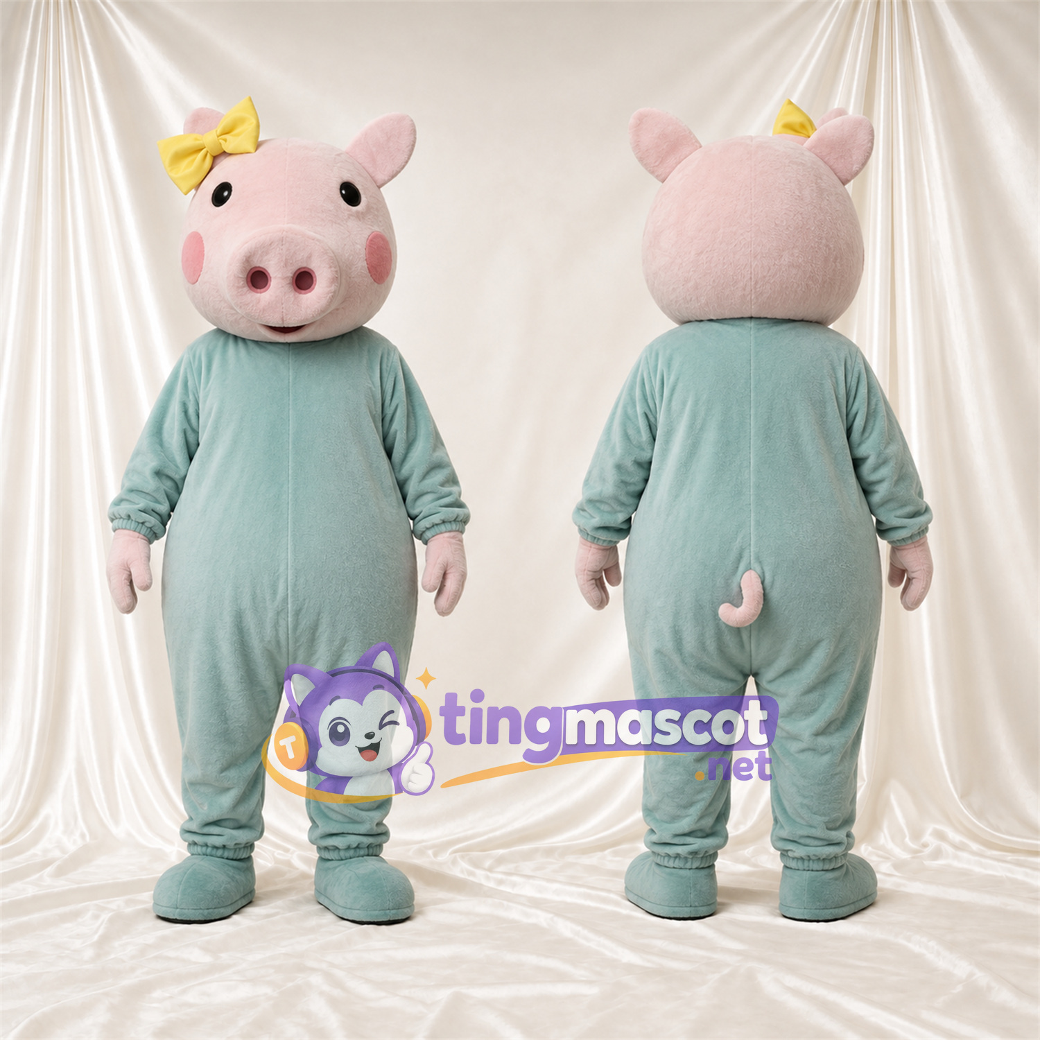 Maskottchenkostüm Schwein – rosa – Anzug (grün); Schleife (gelb) Maskottchenkostüm Schwein – rosa – Anzug (grün); Schleife (gelb)