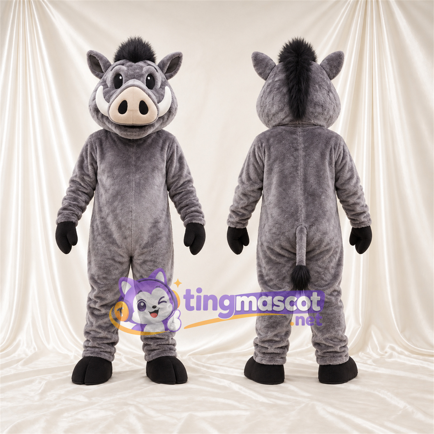 Costume de mascotte Sanglier – gris – Crinière (noir); Museau (brun clair) Costume de mascotte Sanglier – gris – Crinière (noir); Museau (brun clair)