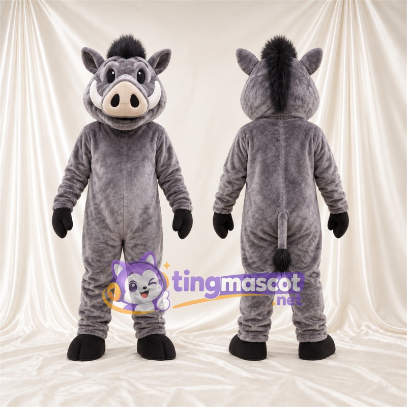 Costume de mascotte Sanglier – gris – Crinière (noir); Museau (brun clair)