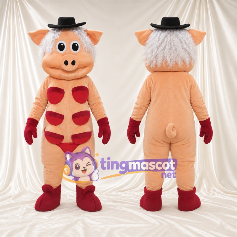 Costume de mascotte Cochon – pêche – Chapeau melon (noir); Taches (rouge)