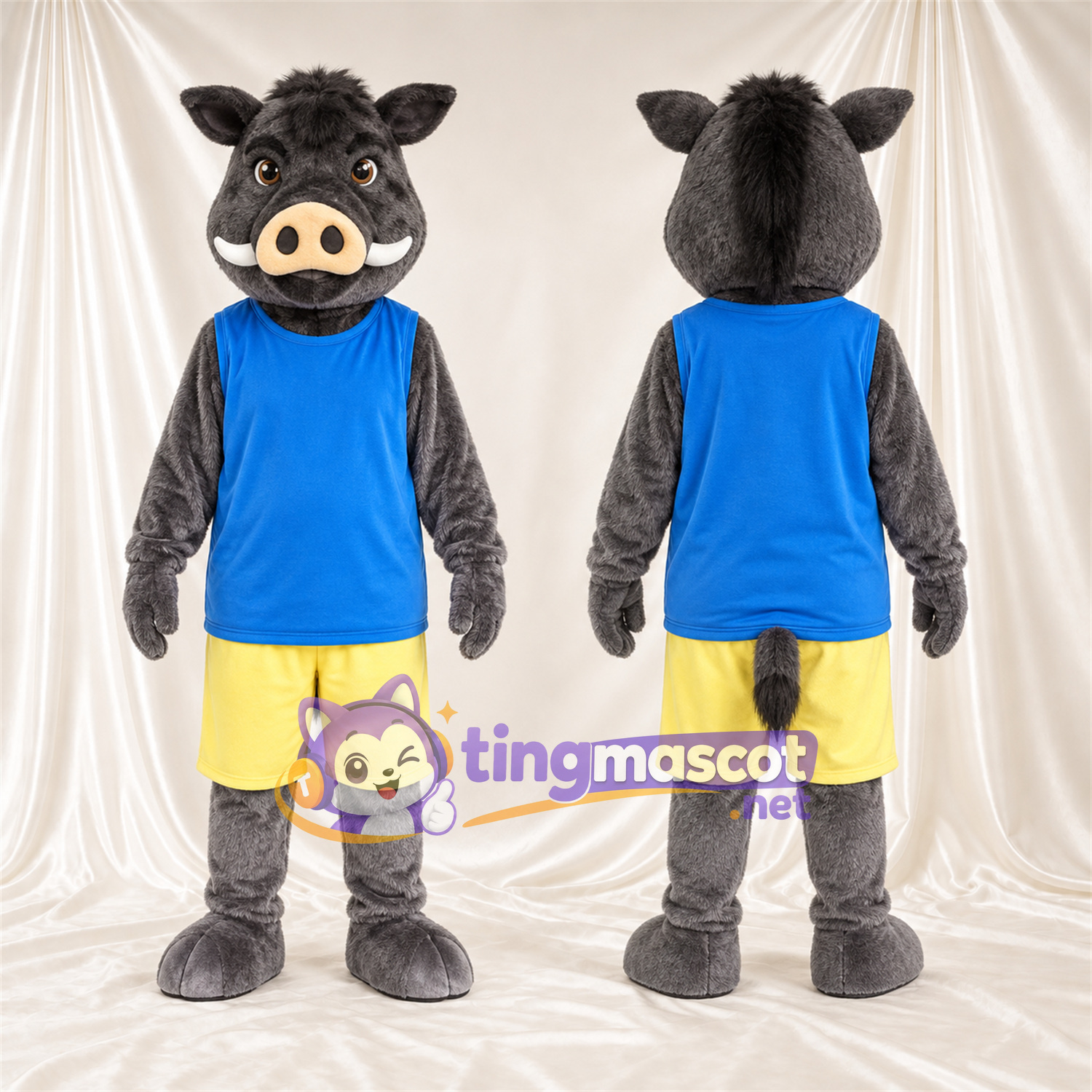 Costume de mascotte Sanglier – gris – Chemise (bleu); Short (jaune) Costume de mascotte Sanglier – gris – Chemise (bleu); Short (jaune)
