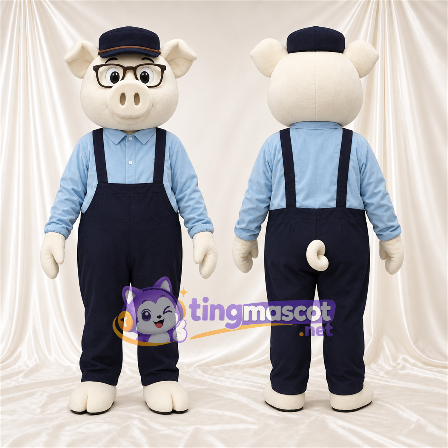 Costume de mascotte Cochon – blanc – Salopette (bleu) Costume de mascotte Cochon – blanc – Salopette (bleu)