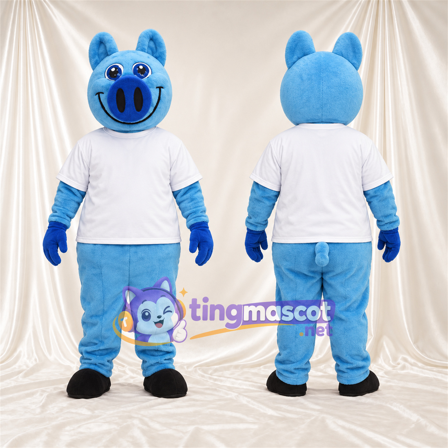 Blue Pig Mascot Costume - White Shirt and Blue Pants Blue Pig Mascot Costume - White Shirt and Blue Pants