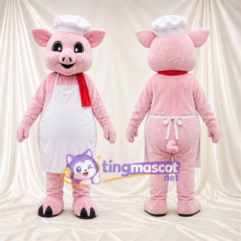 Costume de mascotte Cochon – rose – Toque de chef; Tablier (blanc)