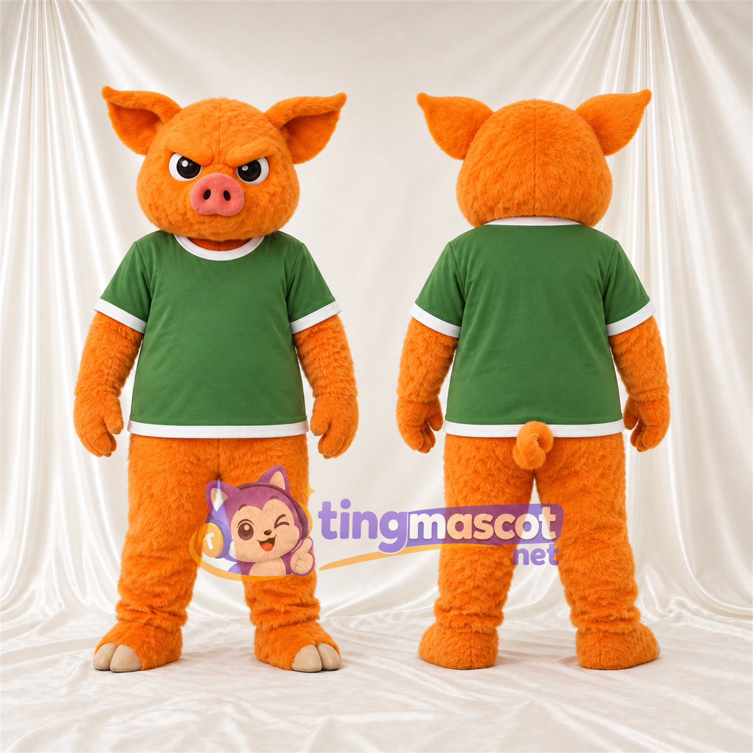 Costume de mascotte Cochon – orange – Chemise (vert) Costume de mascotte Cochon – orange – Chemise (vert)
