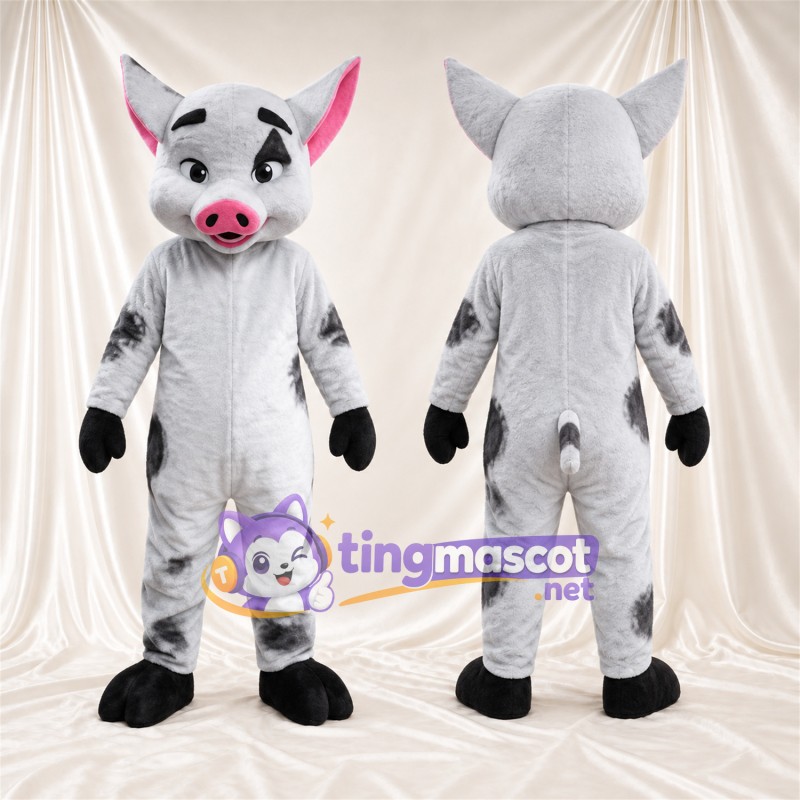 Black and White Pig Mascot Costume - Black Gloves and Pink Nose