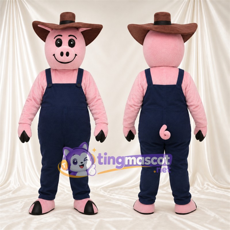 Costume de mascotte Cochon – rose – Chapeau de cowboy (marron); Salopette (bleu marine)