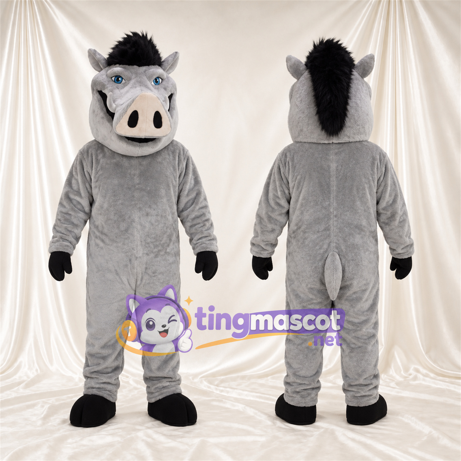 Costume de mascotte Sanglier – gris – Crinière (noir); Museau (blanc) Costume de mascotte Sanglier – gris – Crinière (noir); Museau (blanc)