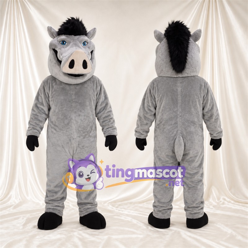 Costume de mascotte Sanglier – gris – Crinière (noir); Museau (blanc)
