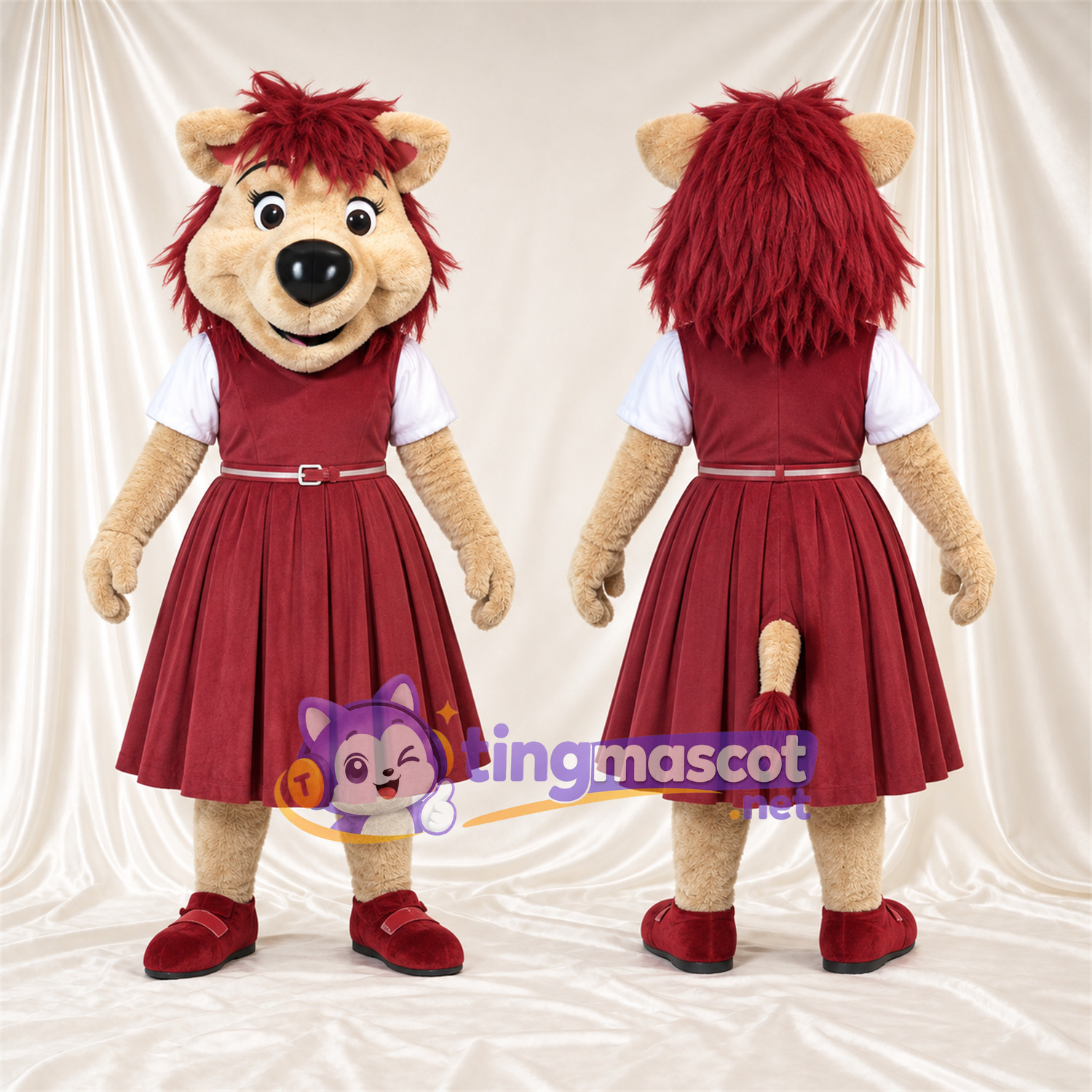Costume de mascotte Lion – brun clair / bordeaux foncé – Robe (bordeaux foncé) Costume de mascotte Lion – brun clair / bordeaux foncé – Robe (bordeaux foncé)
