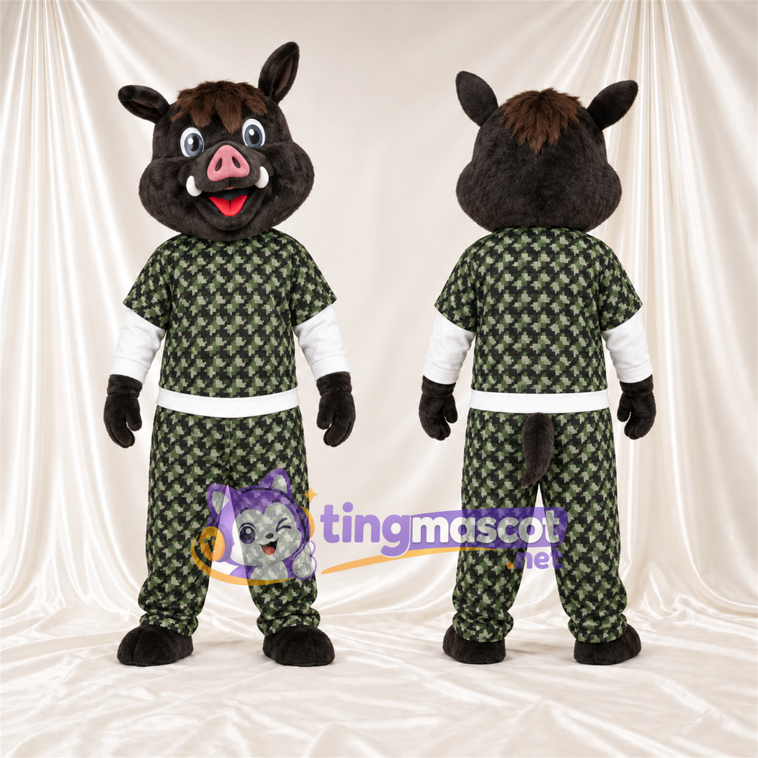 Black Wild Boar Mascot Costume - Green Patterned Outfit Black Wild Boar Mascot Costume - Green Patterned Outfit