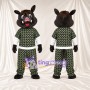 Black Wild Boar Mascot Costume - Green Patterned Outfit