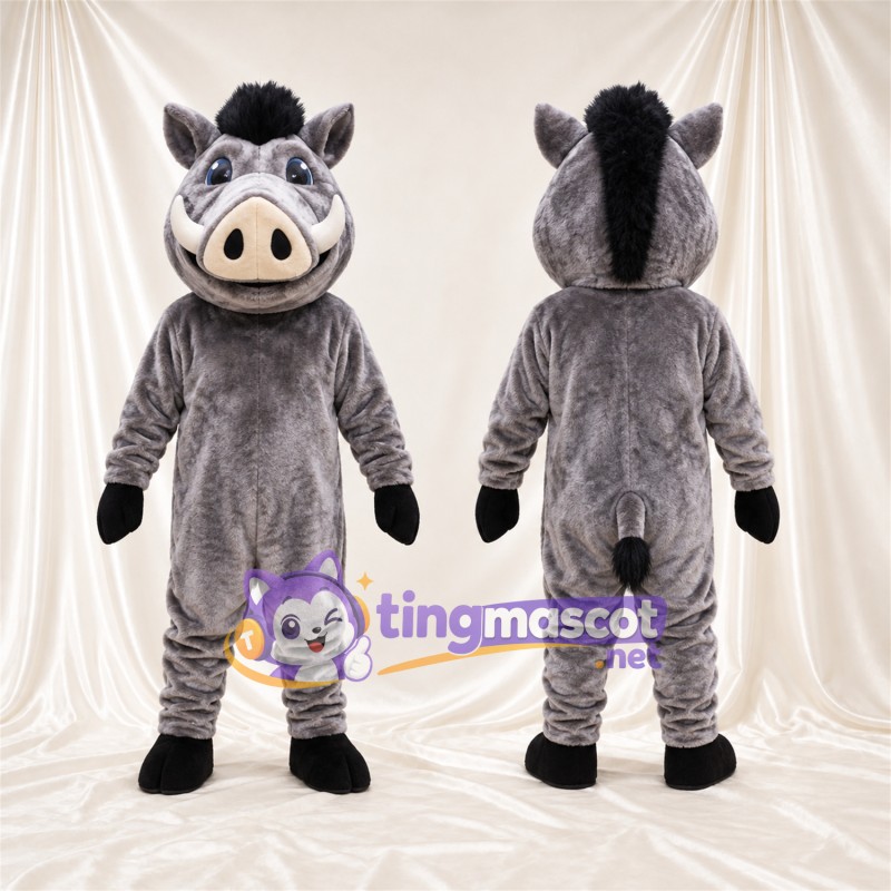 Costume de mascotte Sanglier – gris – Crinière (noir); Museau (brun clair)