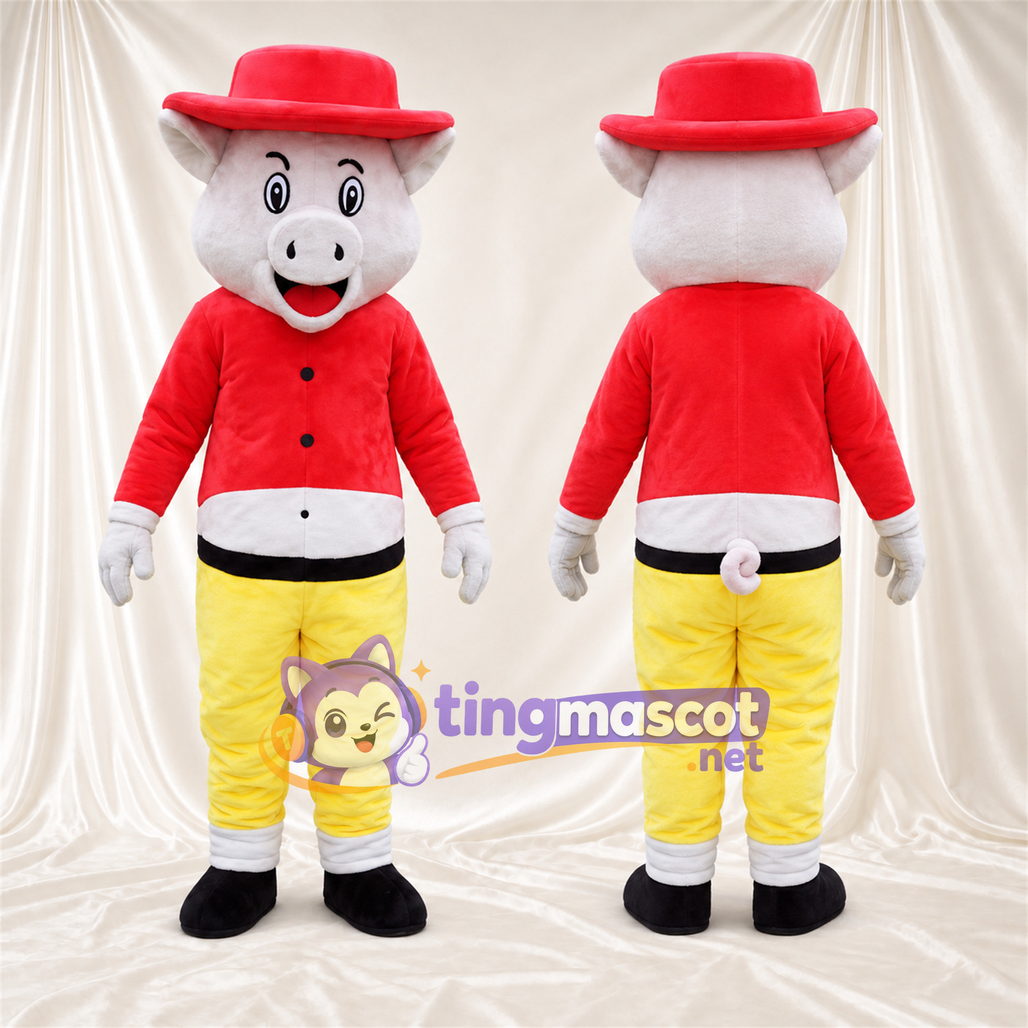 Costume de mascotte Cochon – blanc – Veste (rouge); Pantalon (jaune) Costume de mascotte Cochon – blanc – Veste (rouge); Pantalon (jaune)