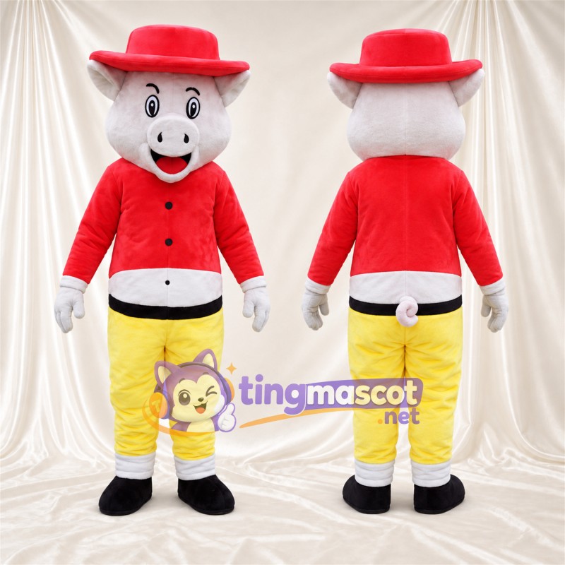Costume de mascotte Cochon – blanc – Veste (rouge); Pantalon (jaune)