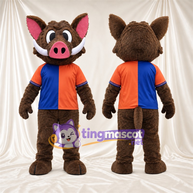 Costume de mascotte Sanglier – marron – Chemise (bleu / orange)