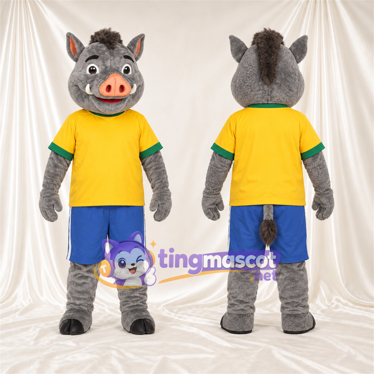 Costume de mascotte Sanglier – gris – Chemise (jaune); Short (bleu) Costume de mascotte Sanglier – gris – Chemise (jaune); Short (bleu)