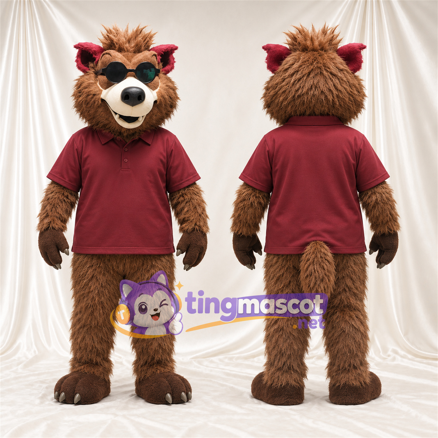 Costume de mascotte Loup – marron – Polo (bordeaux); Lunettes de soleil Costume de mascotte Loup – marron – Polo (bordeaux); Lunettes de soleil