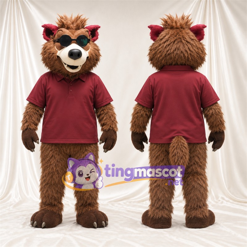 Costume de mascotte Loup – marron – Polo (bordeaux); Lunettes de soleil
