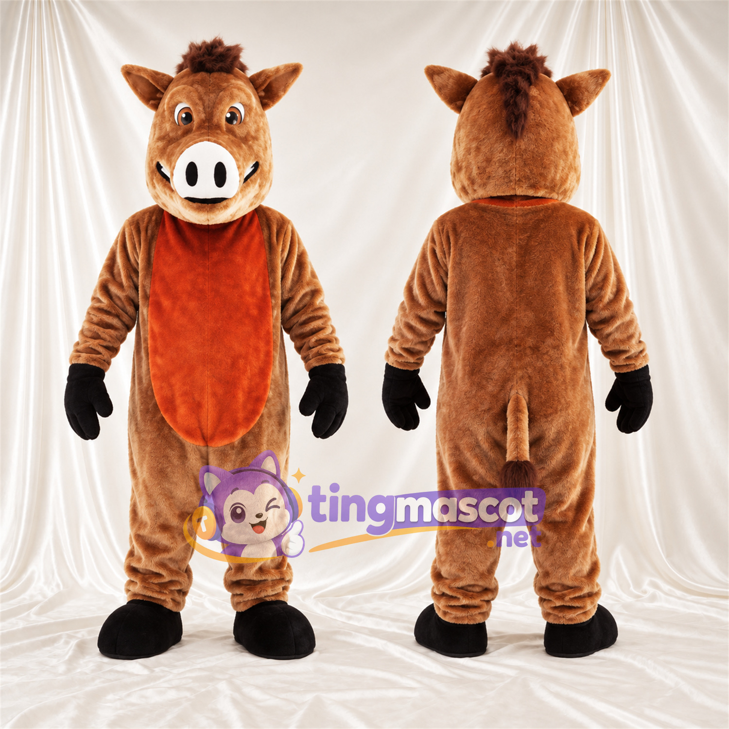 Maskottchenkostüm Wildschwein – braun – Bauch (orange) Maskottchenkostüm Wildschwein – braun – Bauch (orange)