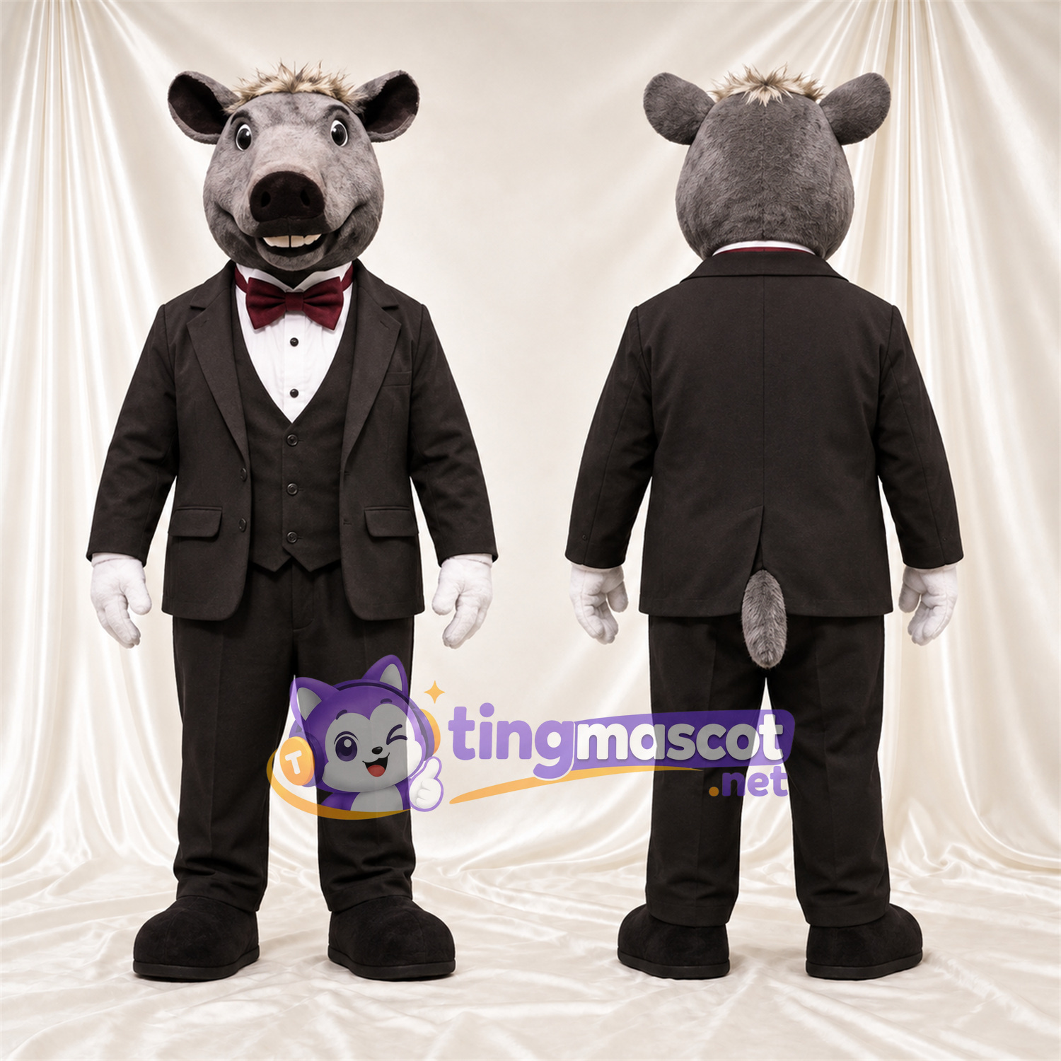 Costume de mascotte Sanglier – gris – Costume (noir); Nœud papillon Costume de mascotte Sanglier – gris – Costume (noir); Nœud papillon