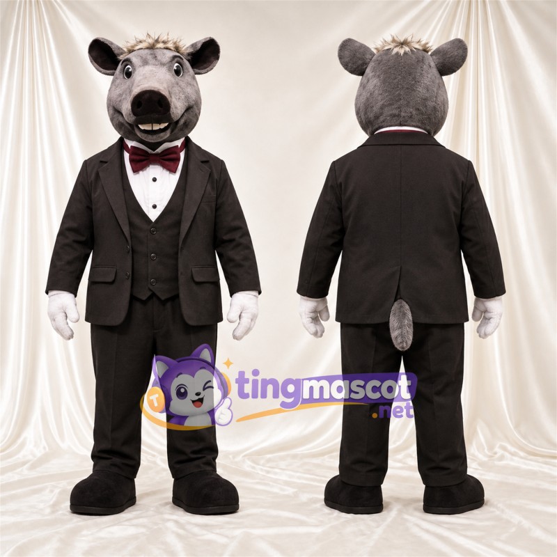 Costume de mascotte Sanglier – gris – Costume (noir); Nœud papillon