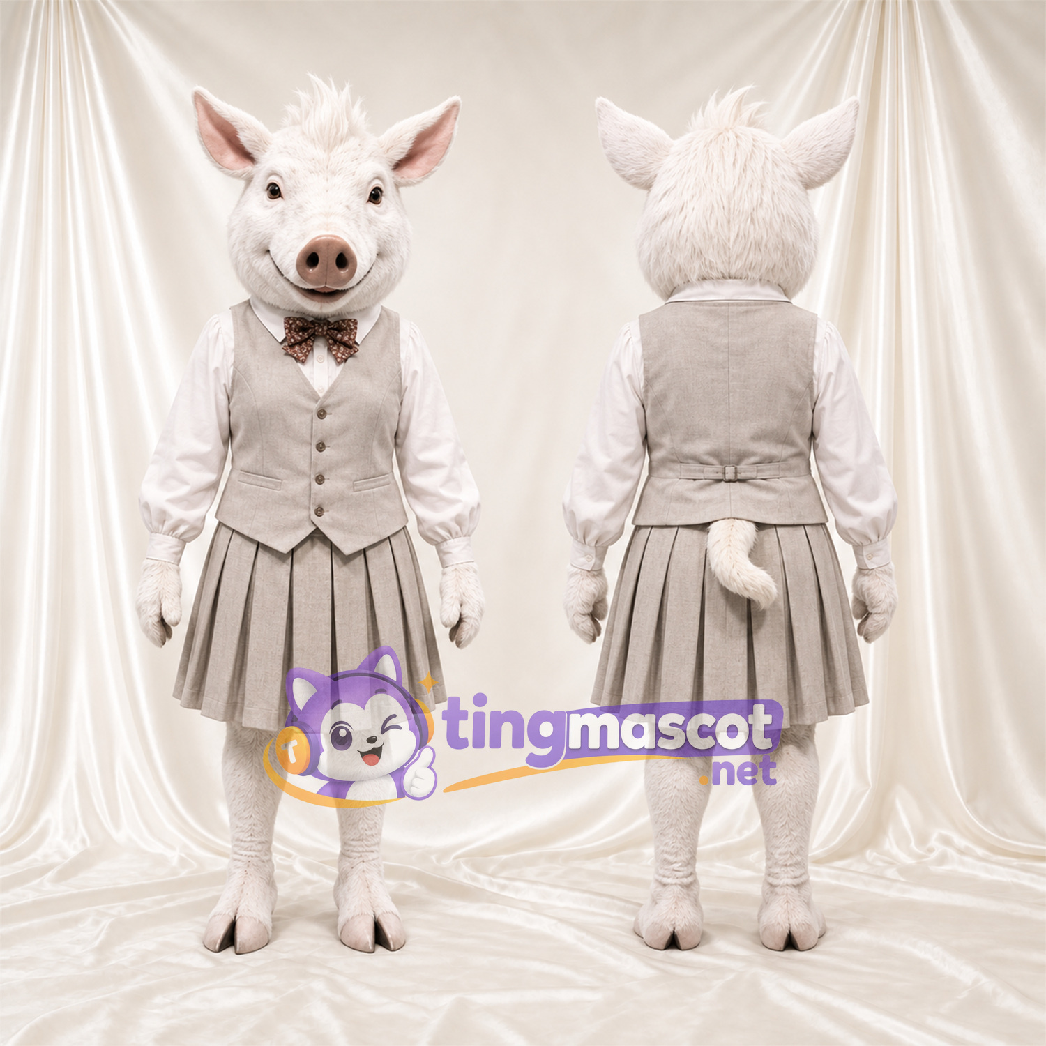 Costume de mascotte Cochon – blanc – Robe (gris) Costume de mascotte Cochon – blanc – Robe (gris)