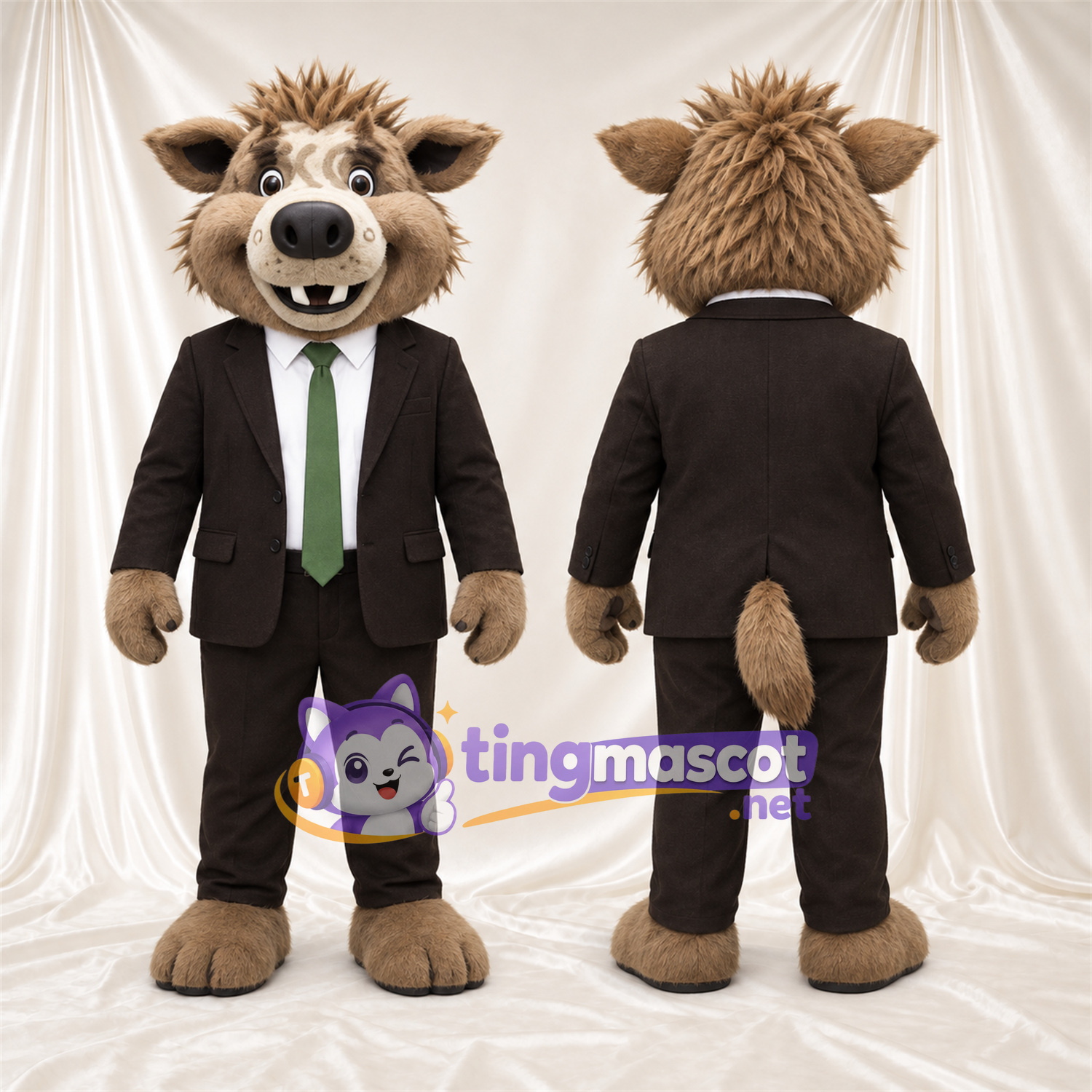 Maskottchenkostüm Wildschwein – braun – Anzug (schwarz); Krawatte (grün) Maskottchenkostüm Wildschwein – braun – Anzug (schwarz); Krawatte (grün)