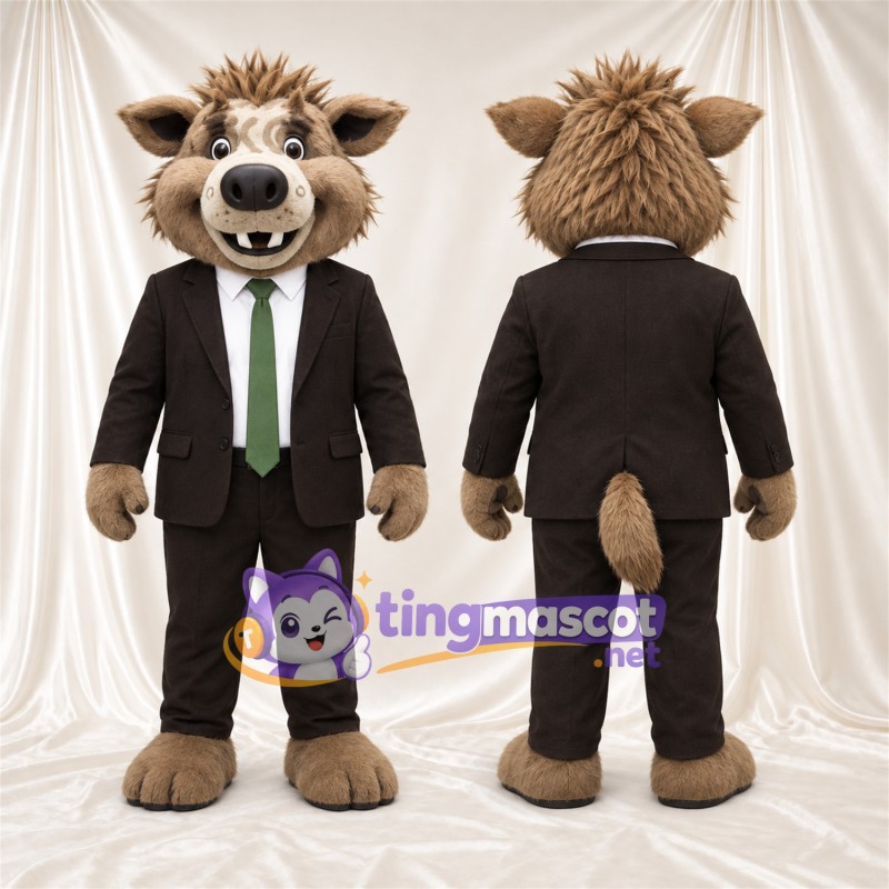 Maskottchenkostüm Wildschwein – braun – Anzug (schwarz); Krawatte (grün)