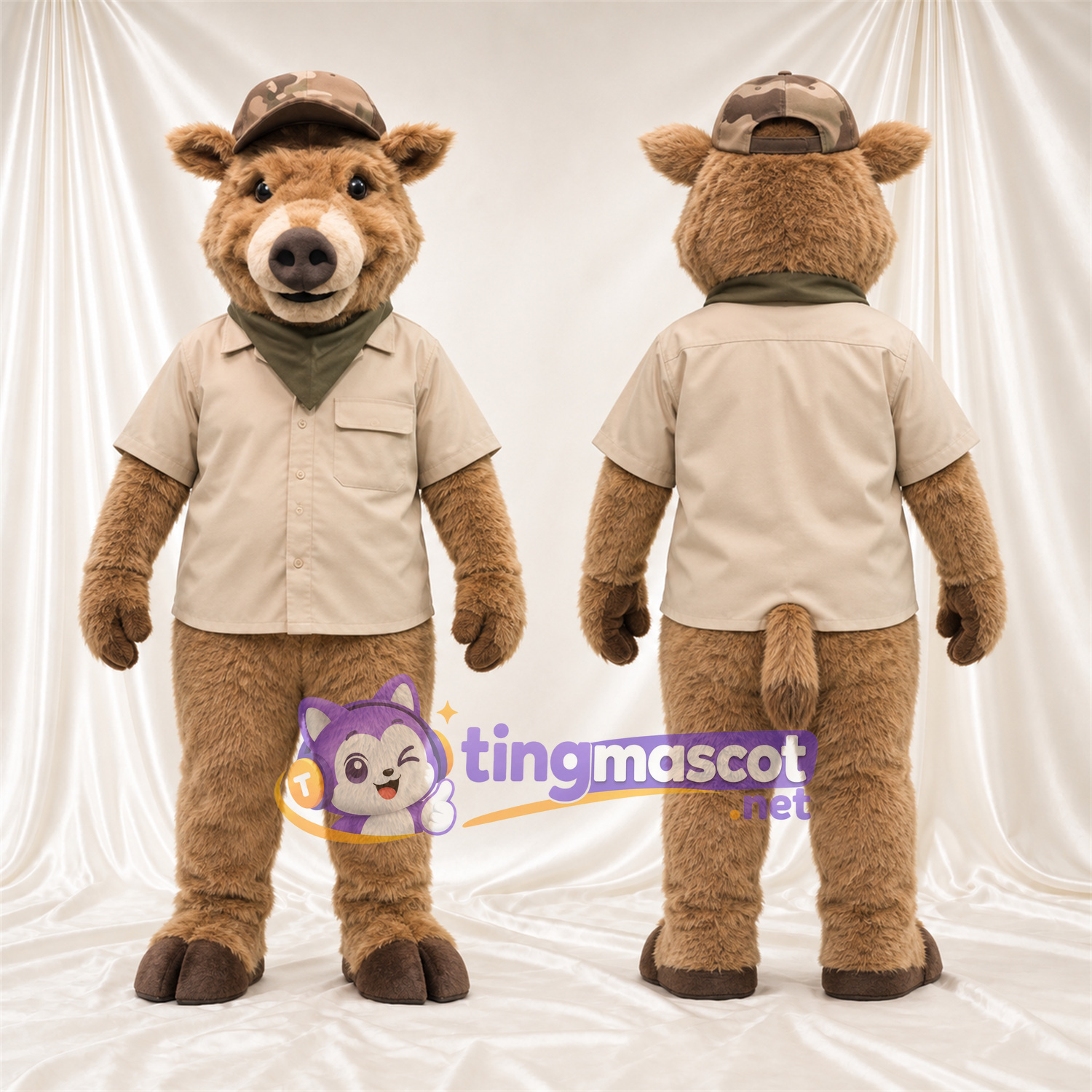 Costume de mascotte Sanglier – marron – Chemise (beige); Casquette Costume de mascotte Sanglier – marron – Chemise (beige); Casquette