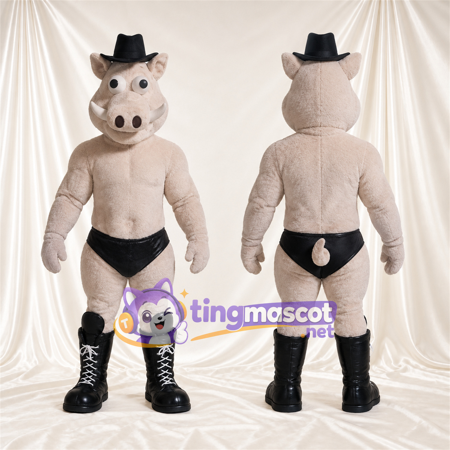 Costume de mascotte Cochon – gris – Chapeau de cowboy (noir); Bottes Costume de mascotte Cochon – gris – Chapeau de cowboy (noir); Bottes