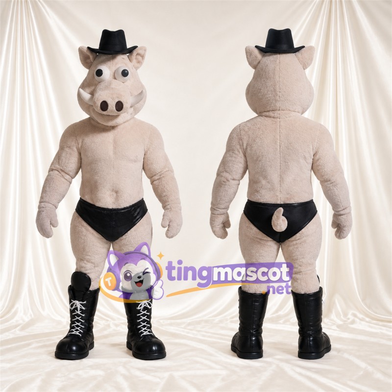 Costume de mascotte Cochon – gris – Chapeau de cowboy (noir); Bottes