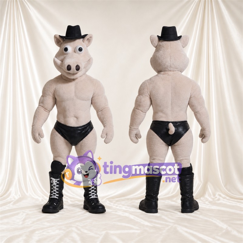 Costume de mascotte Cochon – gris – Chapeau de cowboy (noir); Bottes